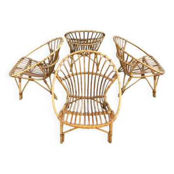 4 Vintage rattan garden armchairs basket 1950s/1960s