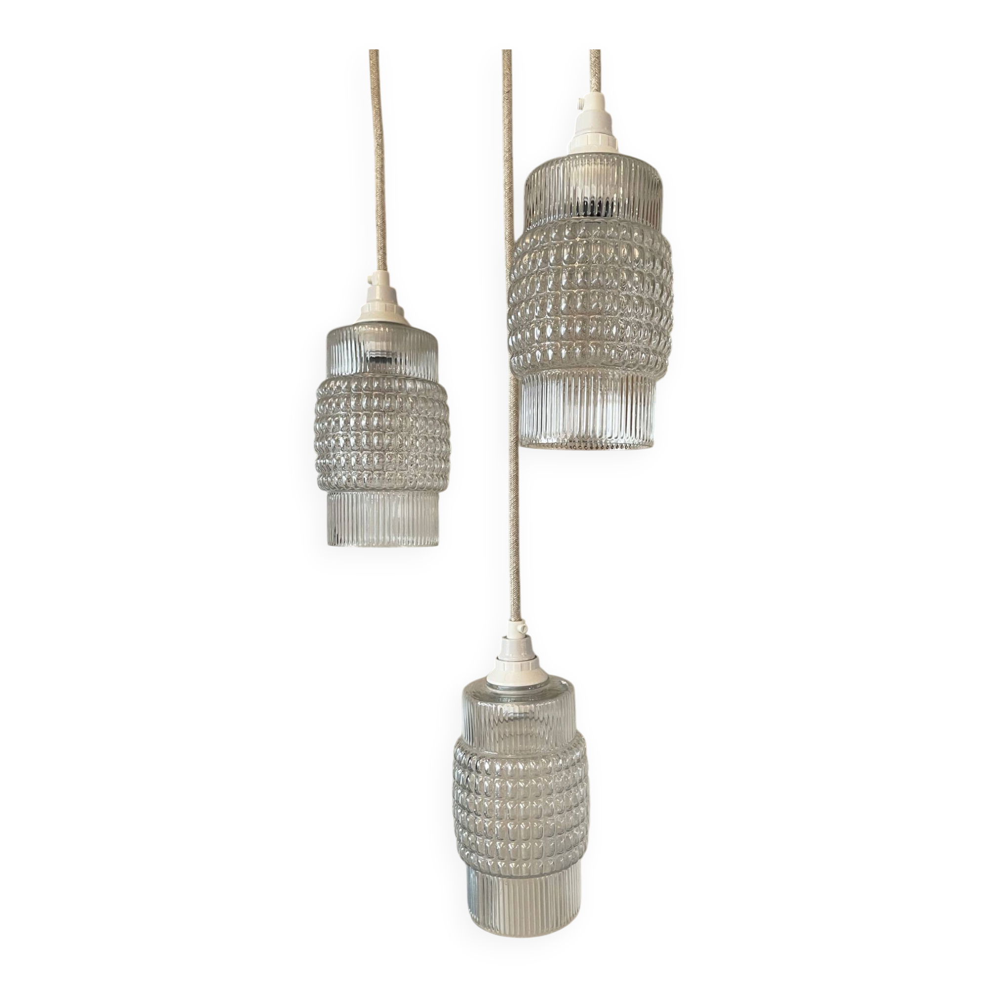Set of 3 Refurbished Textured Glass Pendant Lights 1970s – Mid-Century