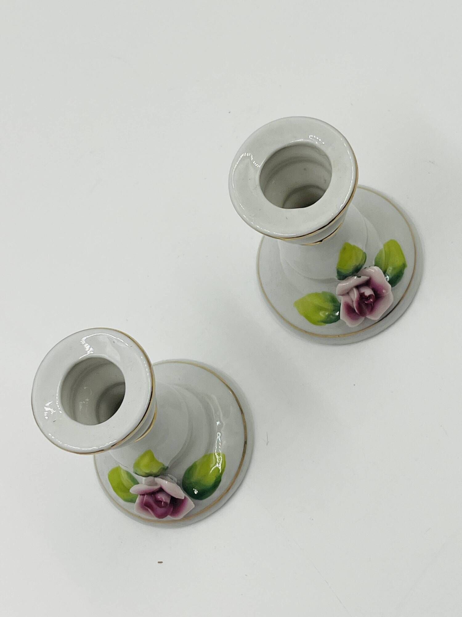 Lot of 2 Vintage Porcelain Candle Holders with Roses