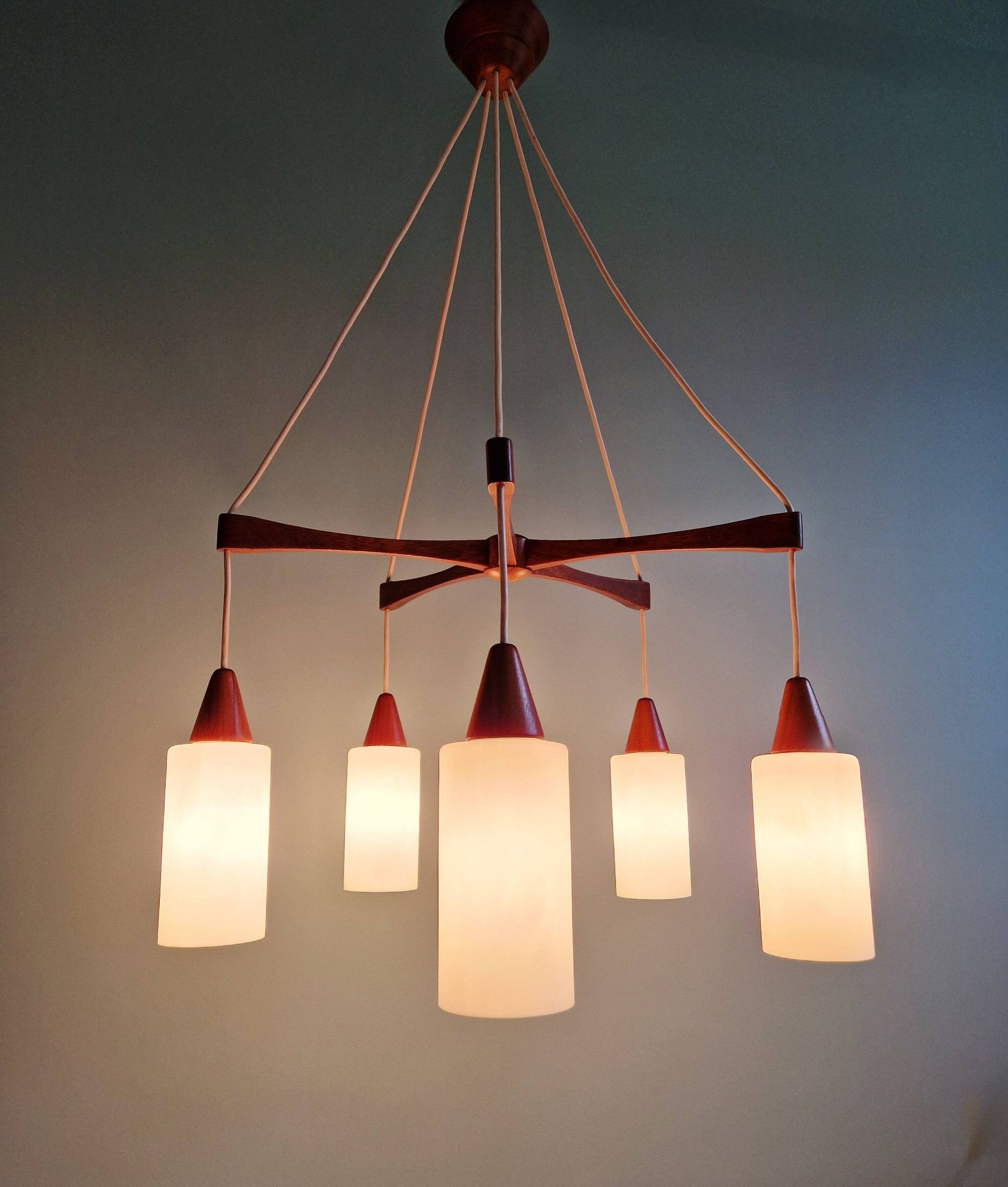 Large Scandinavian chandelier in teak and tubular white opaline, 1960.