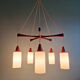 Large Scandinavian chandelier in teak and tubular white opaline, 1960.