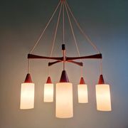 Large Scandinavian chandelier in teak and tubular white opaline, 1960.