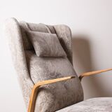 High armchair in curved beech and recent konkav fabric model by paul bode for federholz.