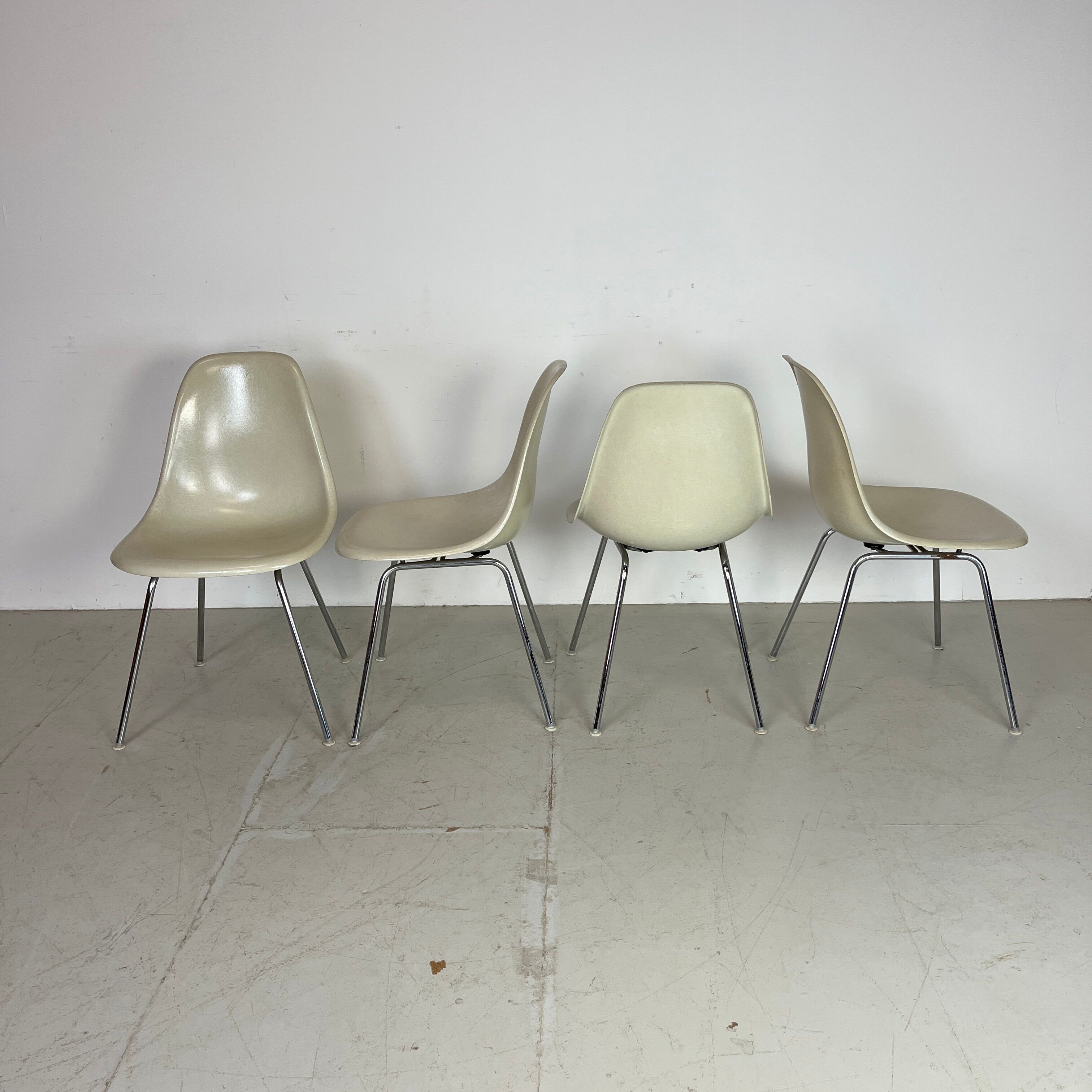 Vintage Eames Herman Miller DSS side chairs in parchment