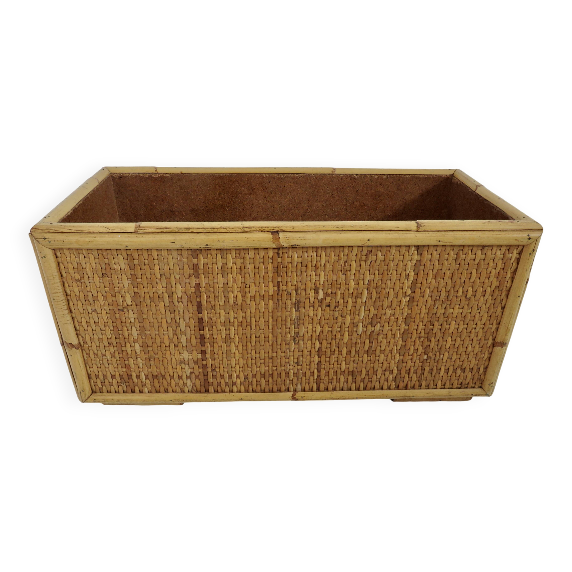 70s woven rattan and bamboo planter