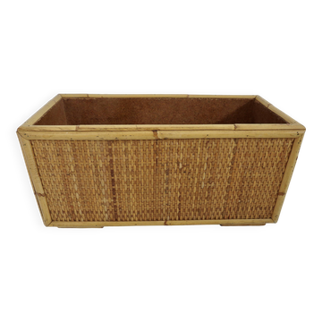 70s woven rattan and bamboo planter