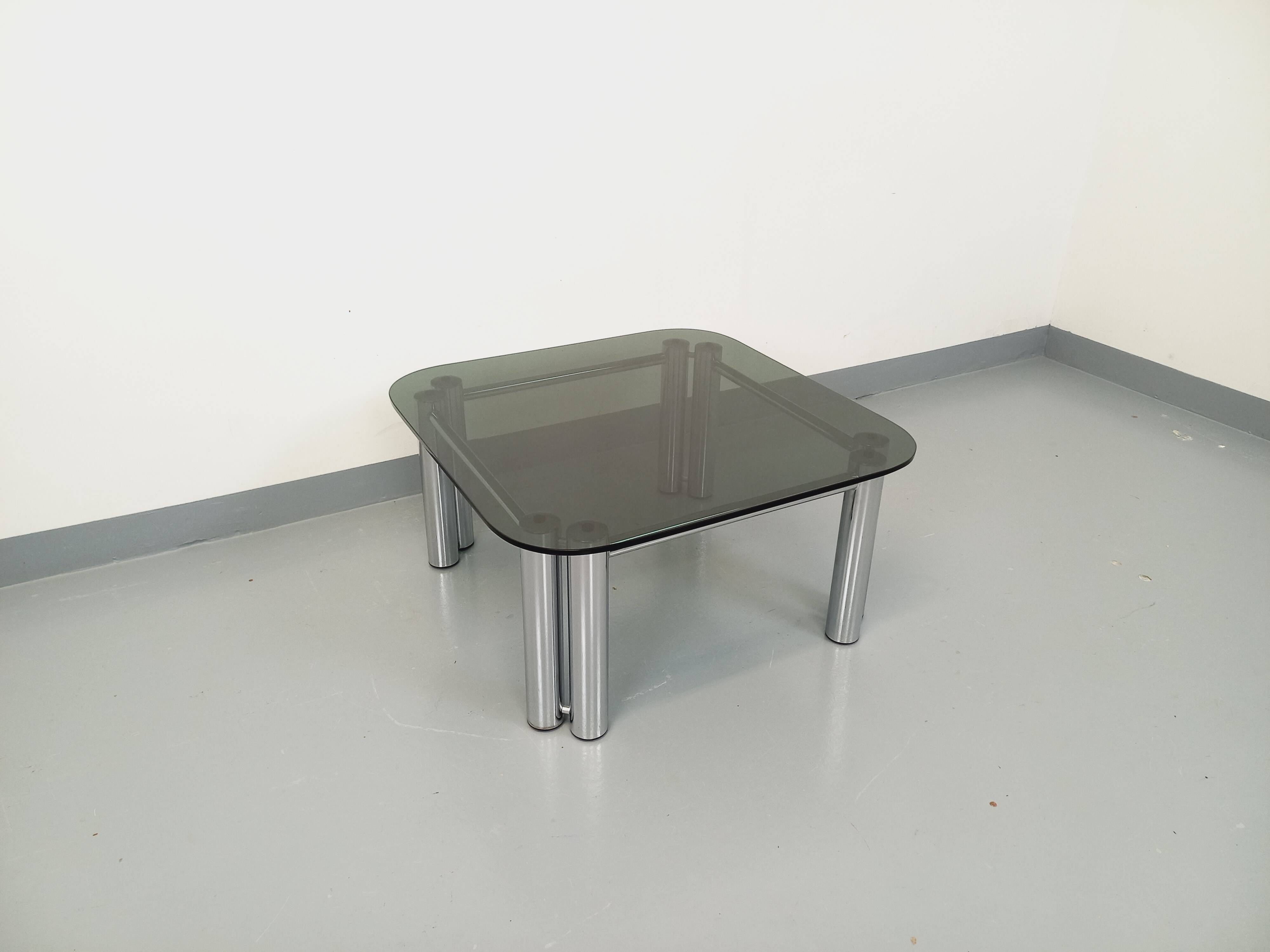 Vintage Italian Space Age square coffee table in smoked glass and chrome metal