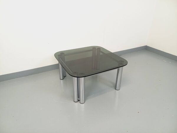 Table basse carrée italienne Space Age vintage en verre fumé métal chromé