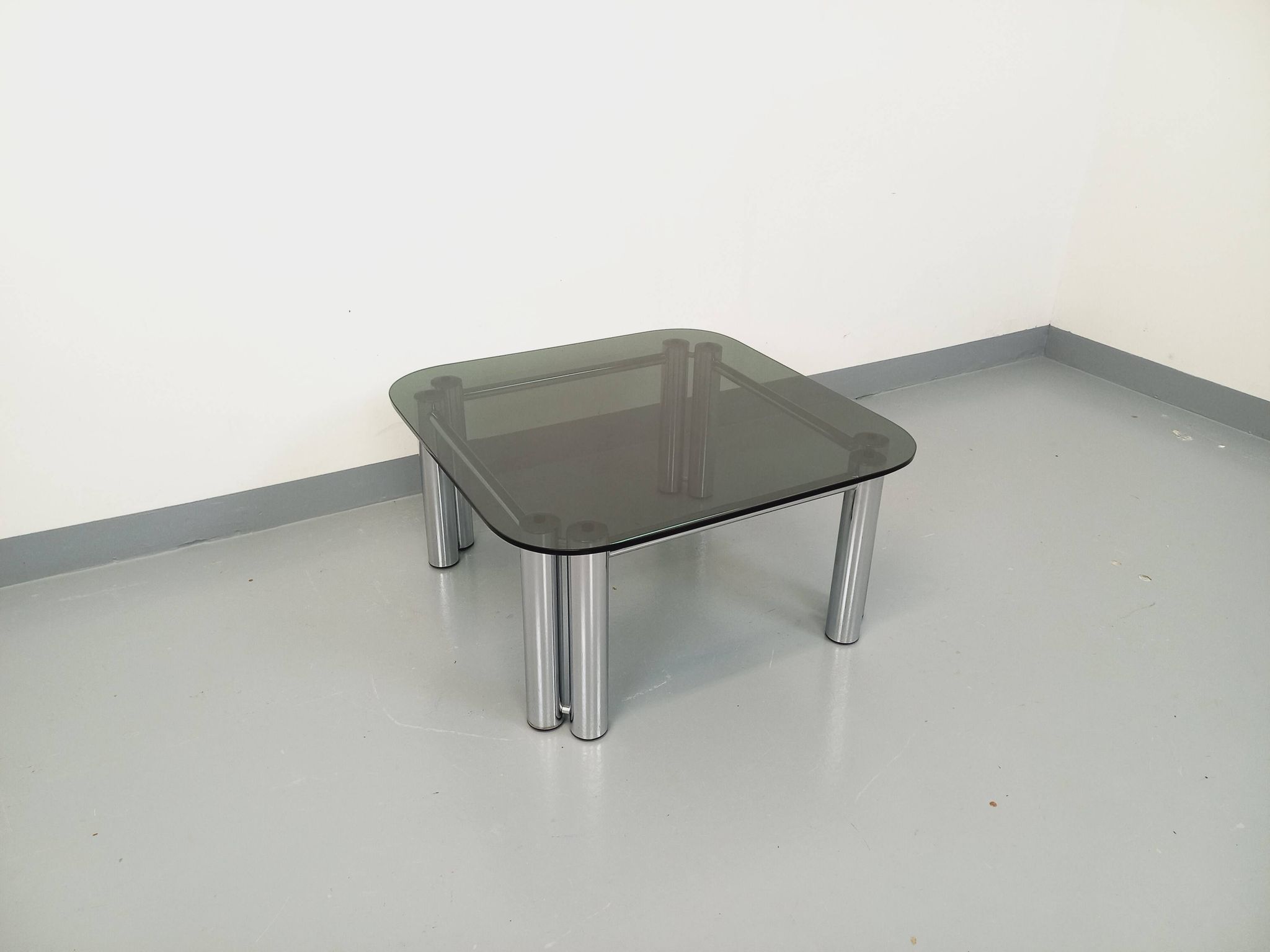 Vintage Italian Space Age square coffee table in smoked glass and chrome metal