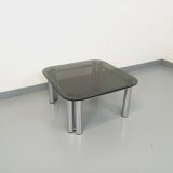 Vintage Italian Space Age square coffee table in smoked glass and chrome metal