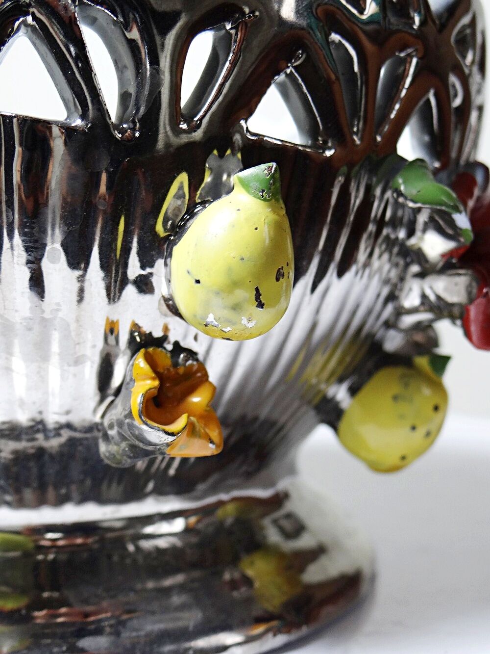Vintage Italian silver-plated porcelain bowl with cut-out design of fruits and flowers.