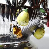 Vintage Italian silver-plated porcelain bowl with cut-out design of fruits and flowers.