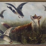 Peinture anglaise antique décorative de renard et canards
