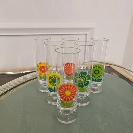 Set of 6 vintage pop art glasses with multicoloured flowers - 1970s