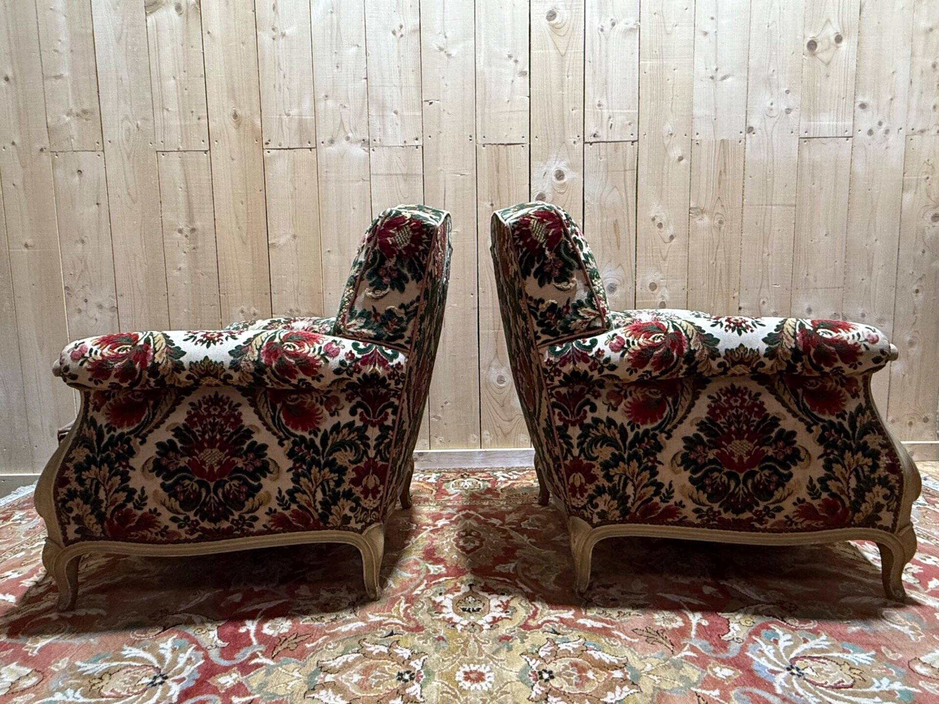 Pair of Louis XV style velvet bergère armchairs