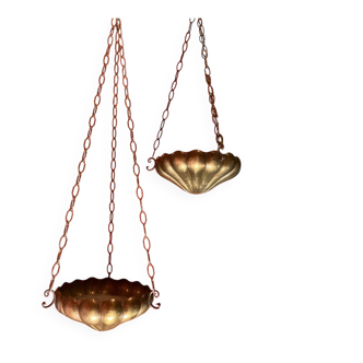 Italian Art Nouveau Hanging Bowl Pendant Lamps or Planters in Hand-Hammered Brass, 1890s, Set of 2