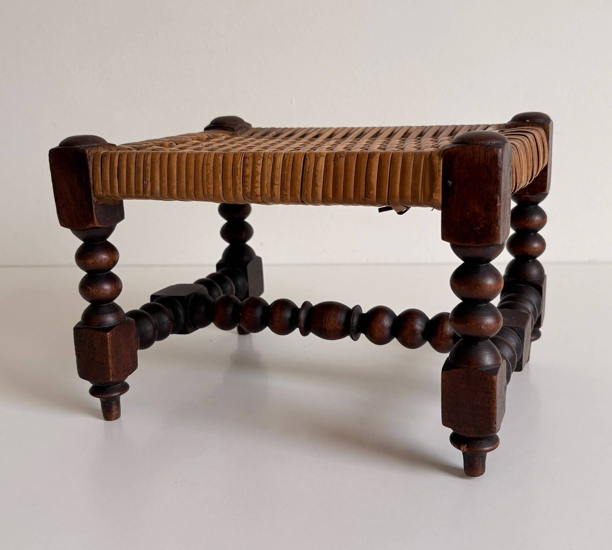 Antique French Turned Wood and Woven Rattan Footstool/ Sidetable