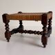 Antique French Turned Wood and Woven Rattan Footstool/ Sidetable