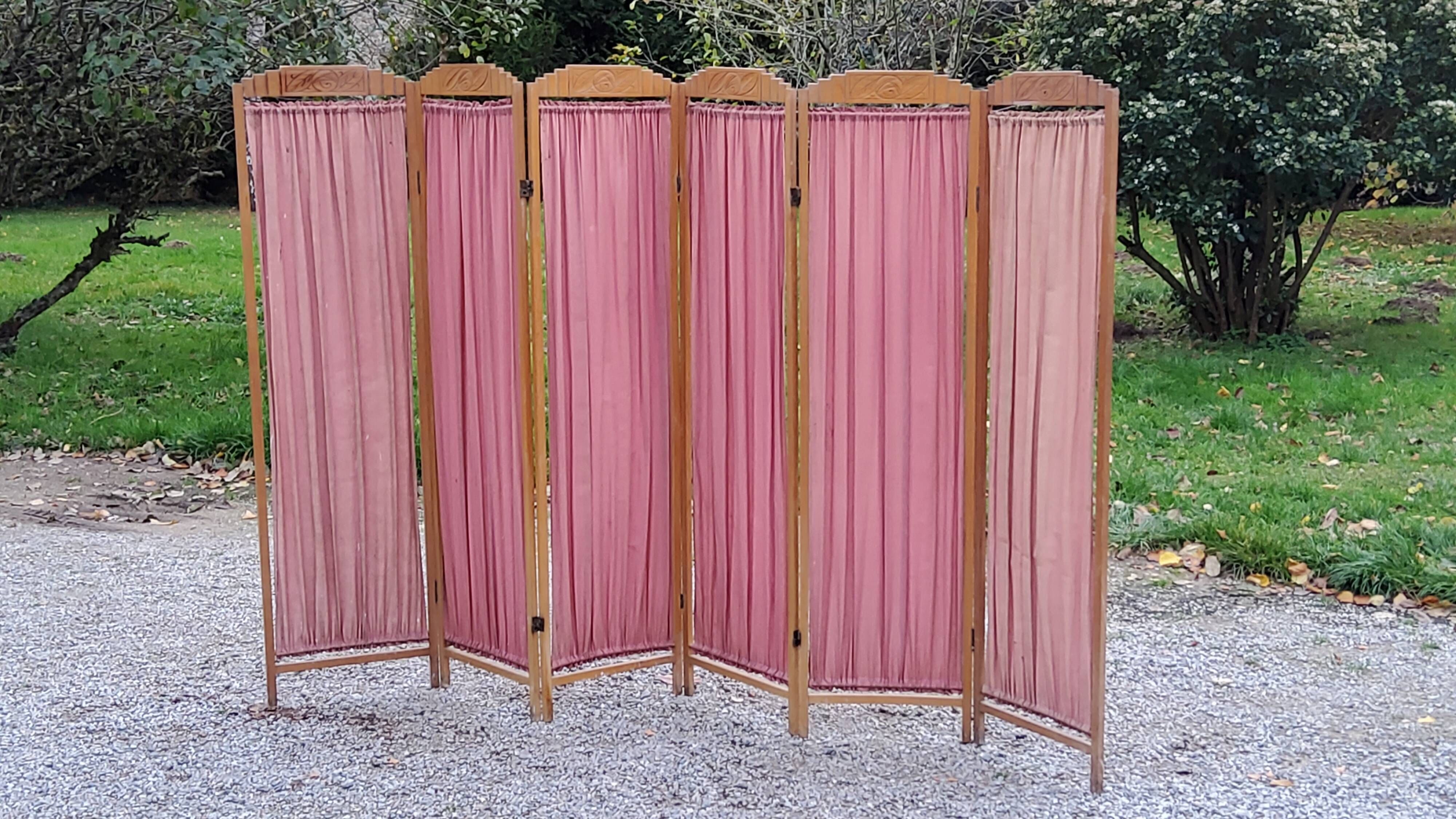 Art Deco screen 6 leaves in beech and fabrics of the 30s