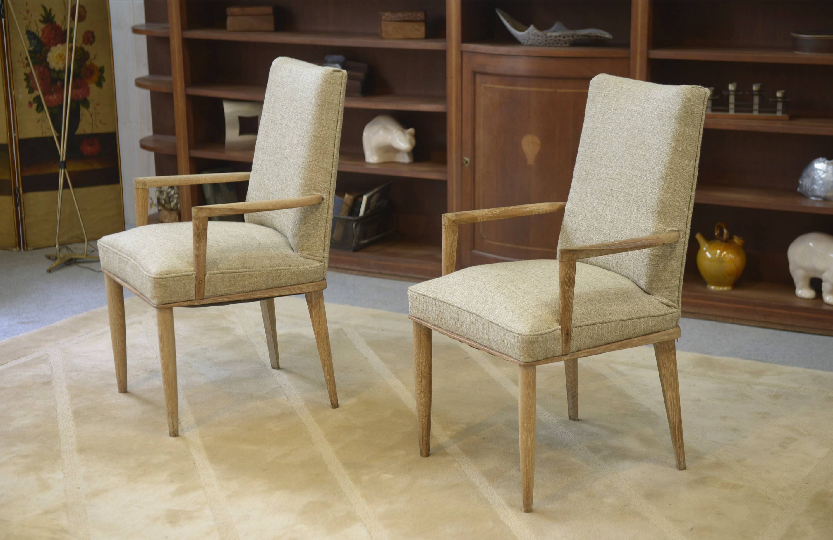 Rare pair of cerused oak armchairs, confidential creation attributed to Suzanne Guiguichon, 1940s.