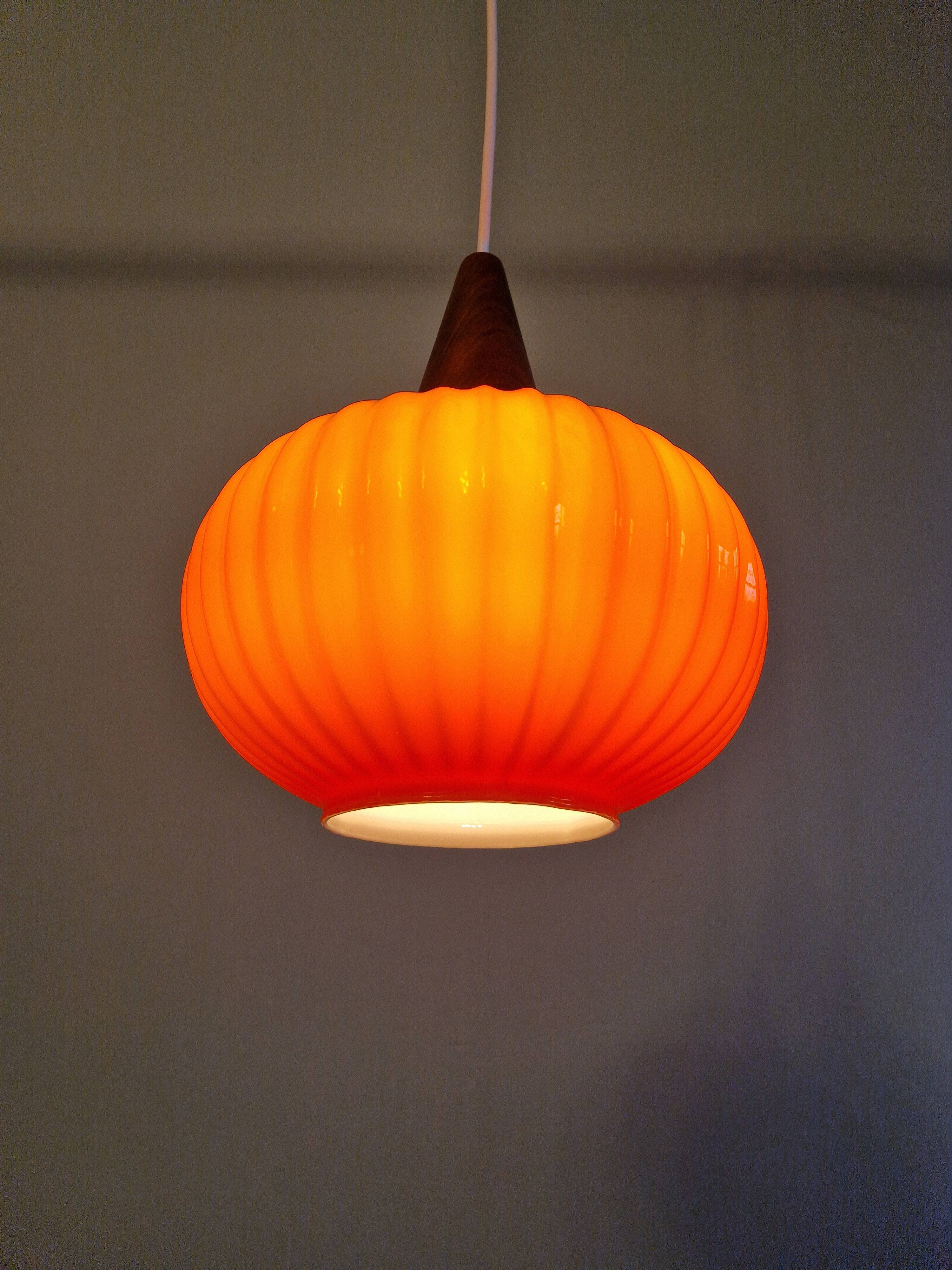 Teak and orange opaline suspension, Scandinavian style, 1960.
