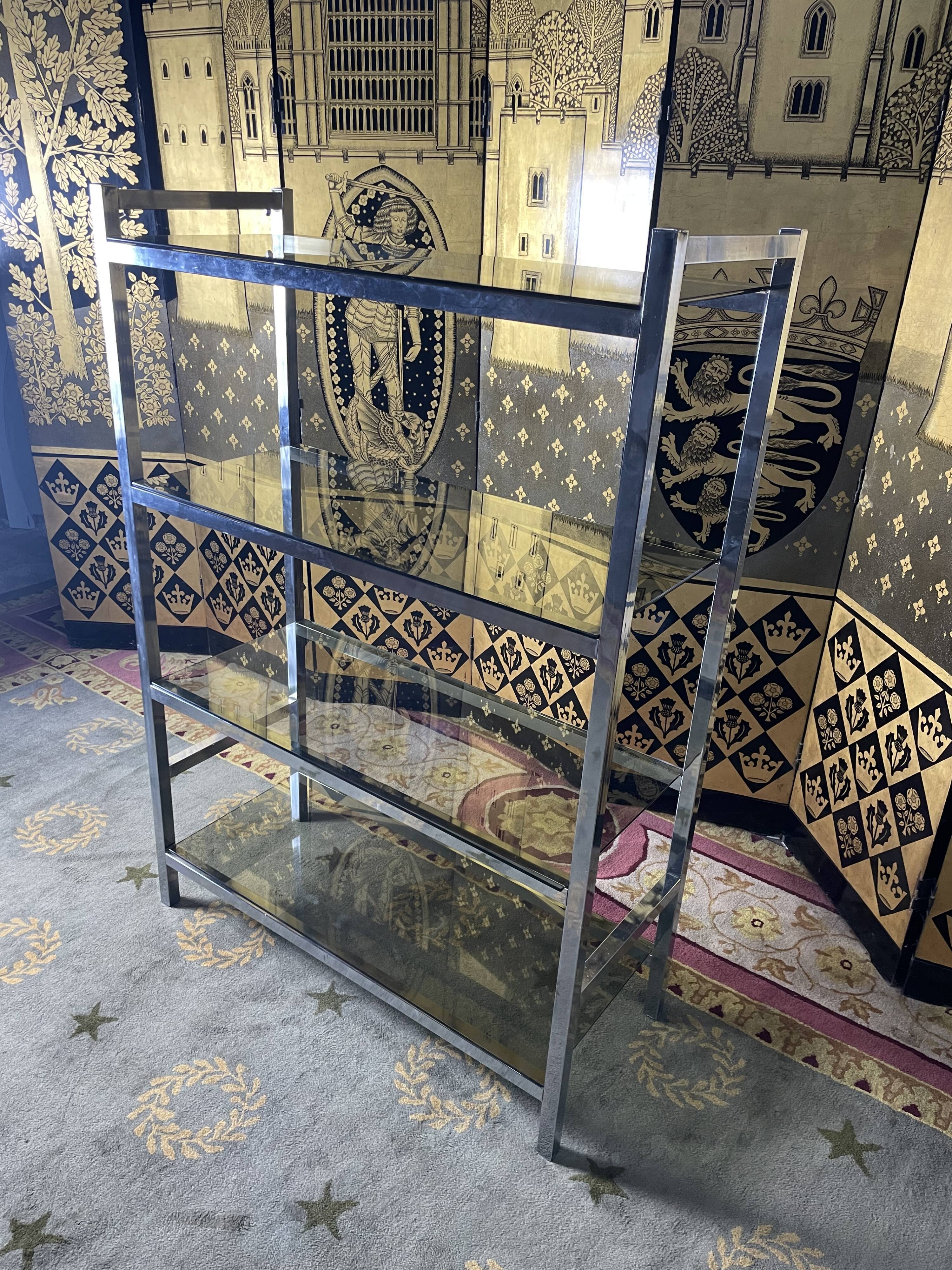 Shelf in chromed metal and smoked glass 1970