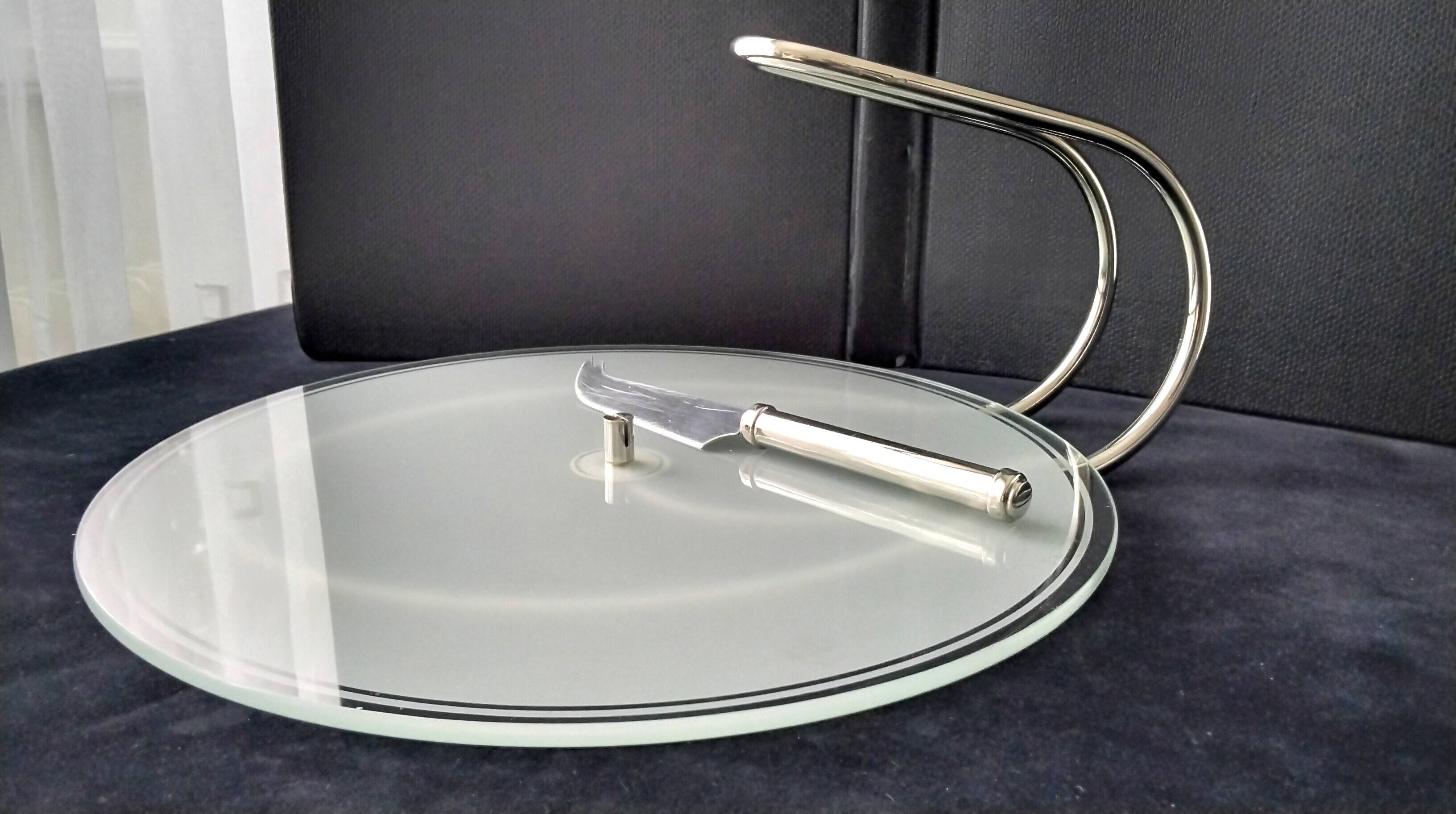Cheese platter in glass and stainless steel 1970s