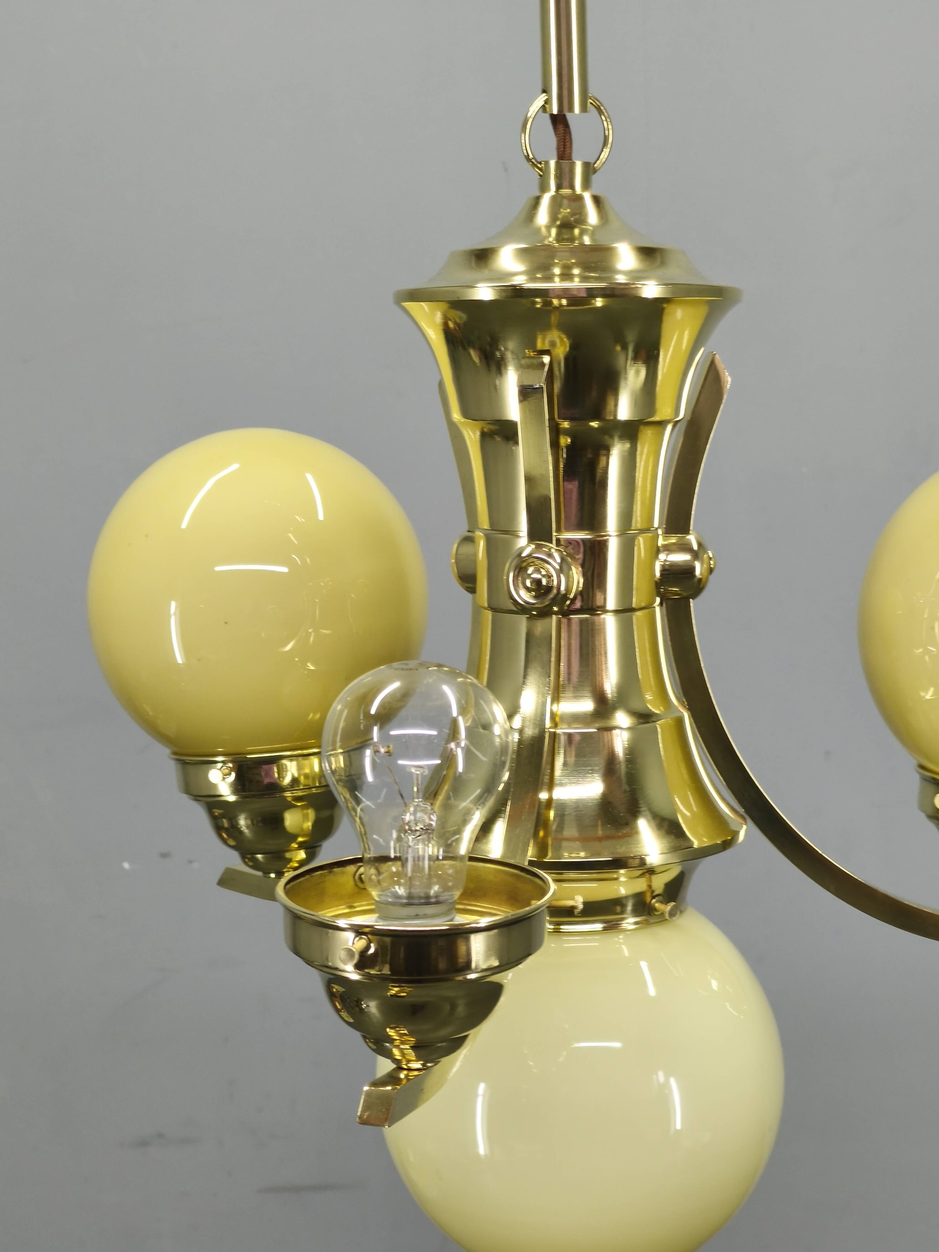 Art Deco Brass and Opaline Glass Chandelier, 1930s