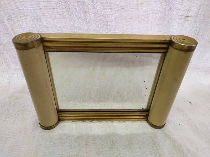 Vintage antique wood brass parchment mirror 22x16cm