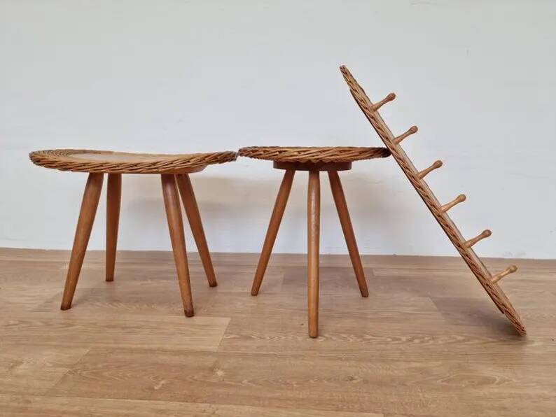Set of Rattan and Wood Stools with Wall Coat Rack ULUV, Jan Kalous, 1960s