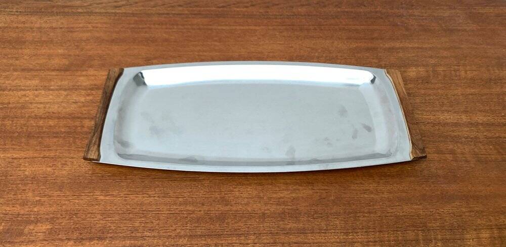 Danish stainless steel and teak plateau from the mid-century of Lundtofte, Denmark, 1960s.
