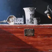 Still life with pewter finds on a chest – Marjolein van den Berg, c. 2011