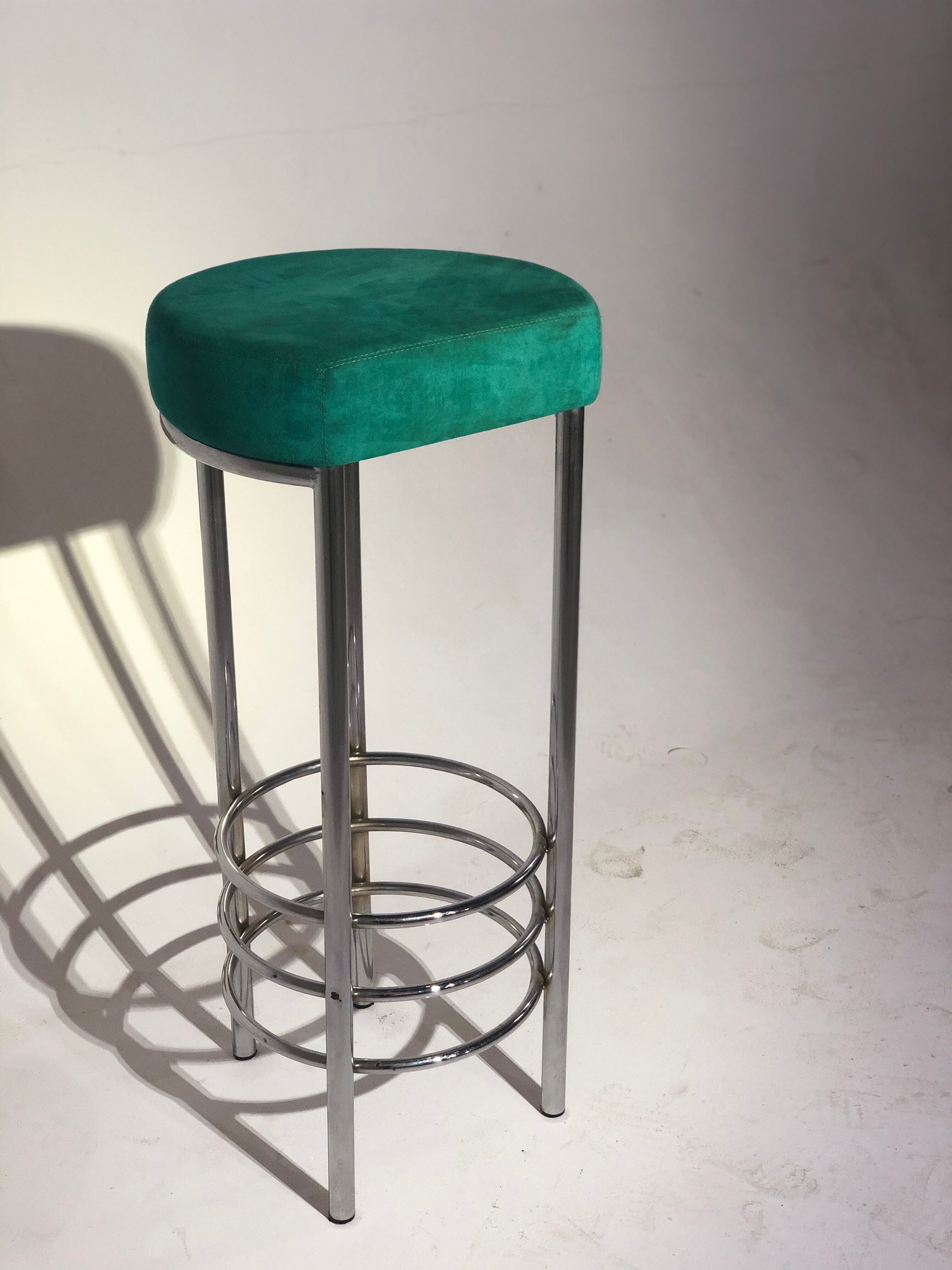 Contemporary aluminum stool and green/blue velvet