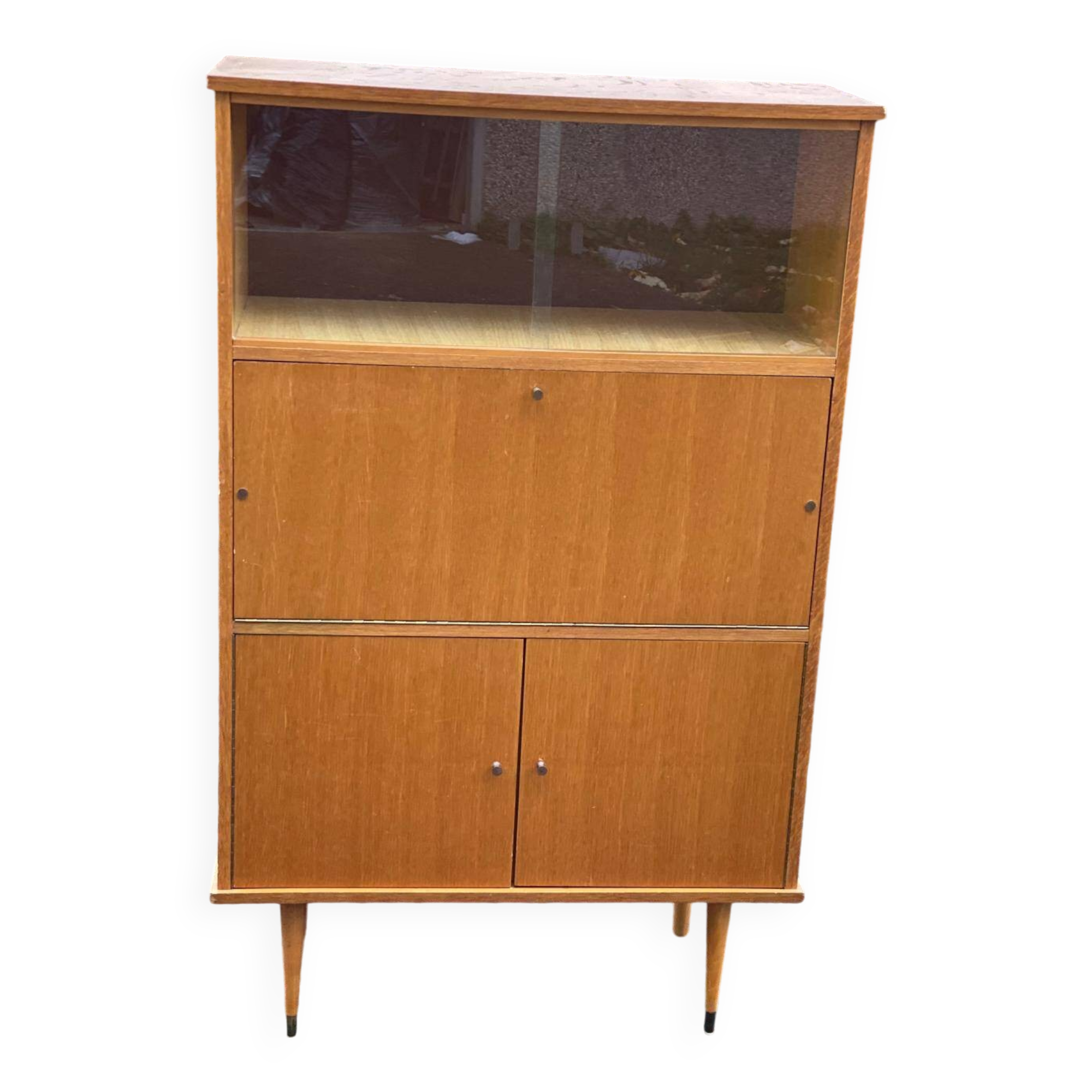Vintage Scandinavian glass secretary with 3 doors and compass legs 145cm