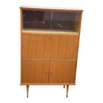 Vintage Scandinavian glass secretary with 3 doors and compass legs 145cm