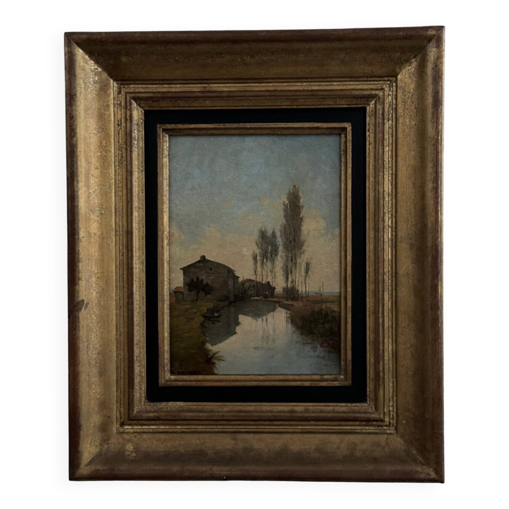 Oil on cardboard by Paul Faugier riverside landscape with poplars