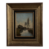 Oil on cardboard by Paul Faugier riverside landscape with poplars