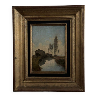 Oil on cardboard by Paul Faugier riverside landscape with poplars