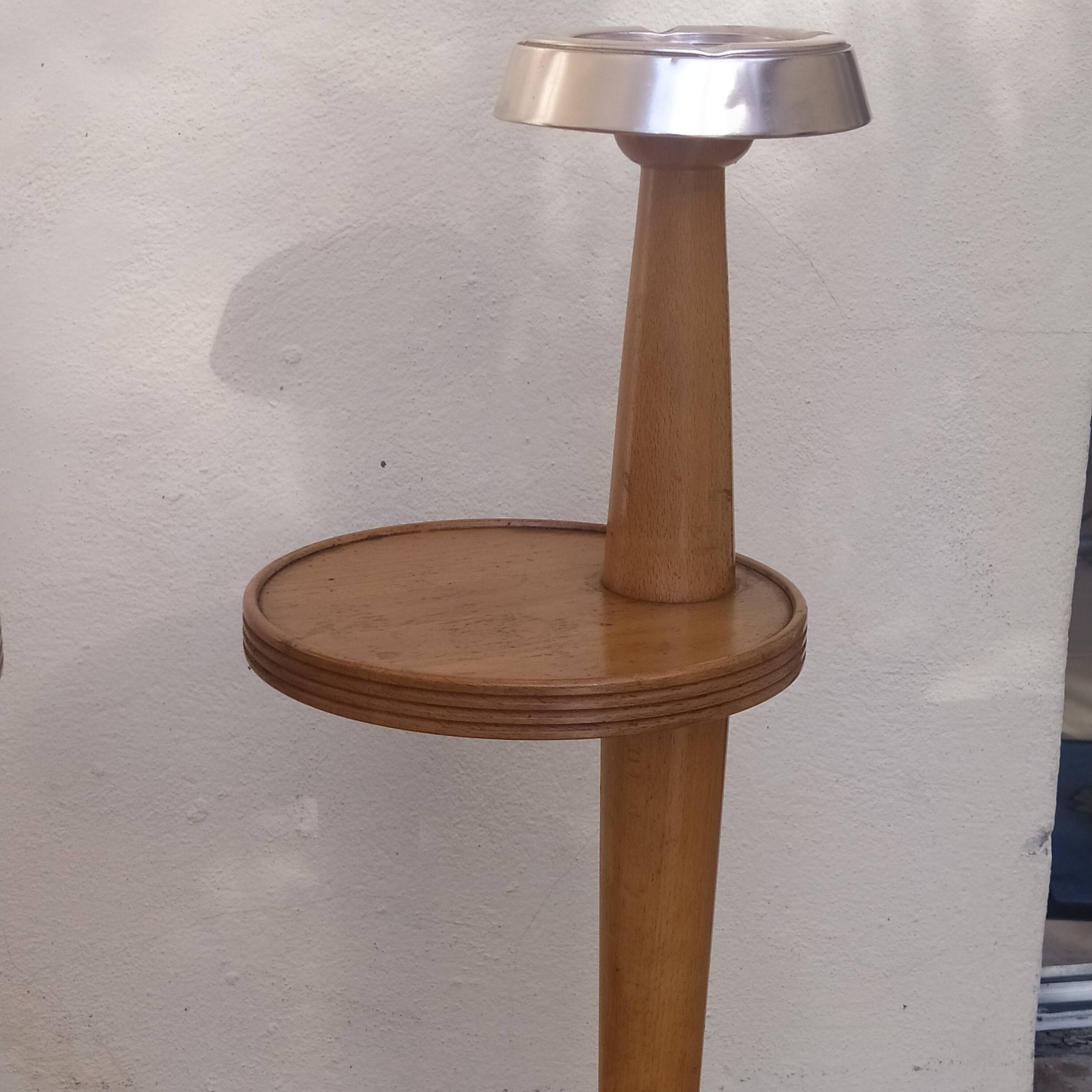 Vintage 1970 wooden pedestal ashtray with shelf