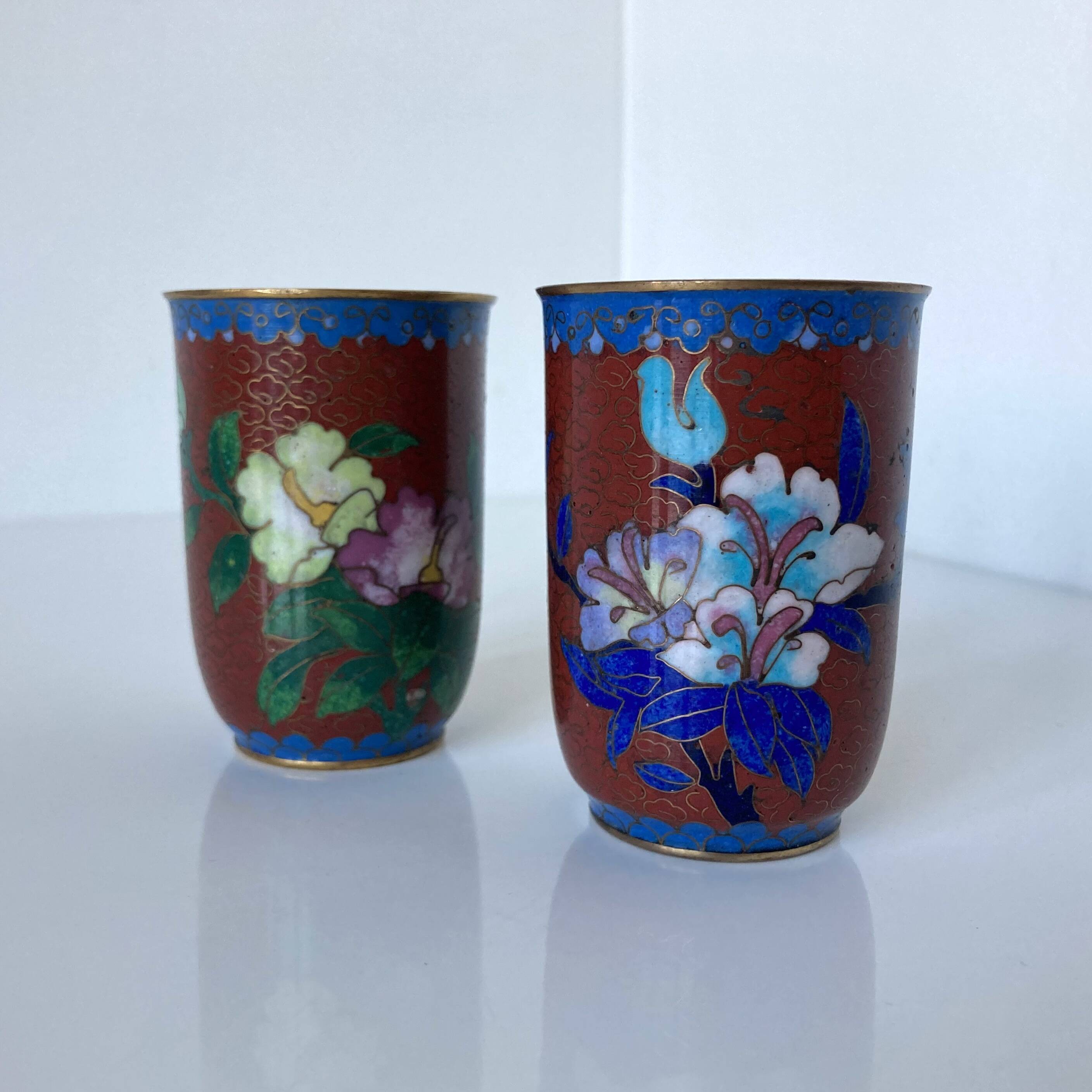 Two miniature vases in gilded copper and polychrome cloisonné enamels. Vintage Chinese work.