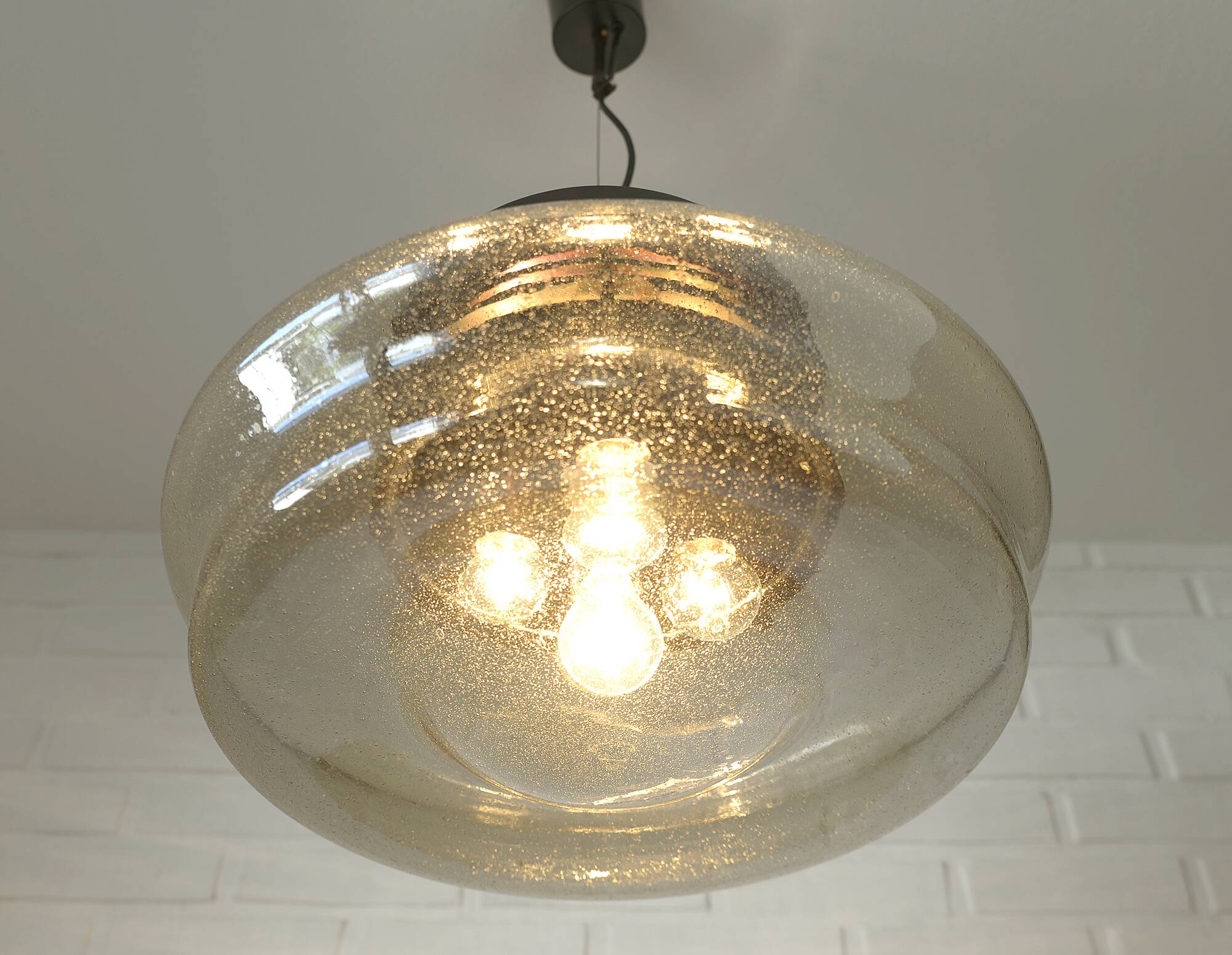 Vintage Brutalist Light X Large Glass Pendant Lamp Mid Century Modern 1980
