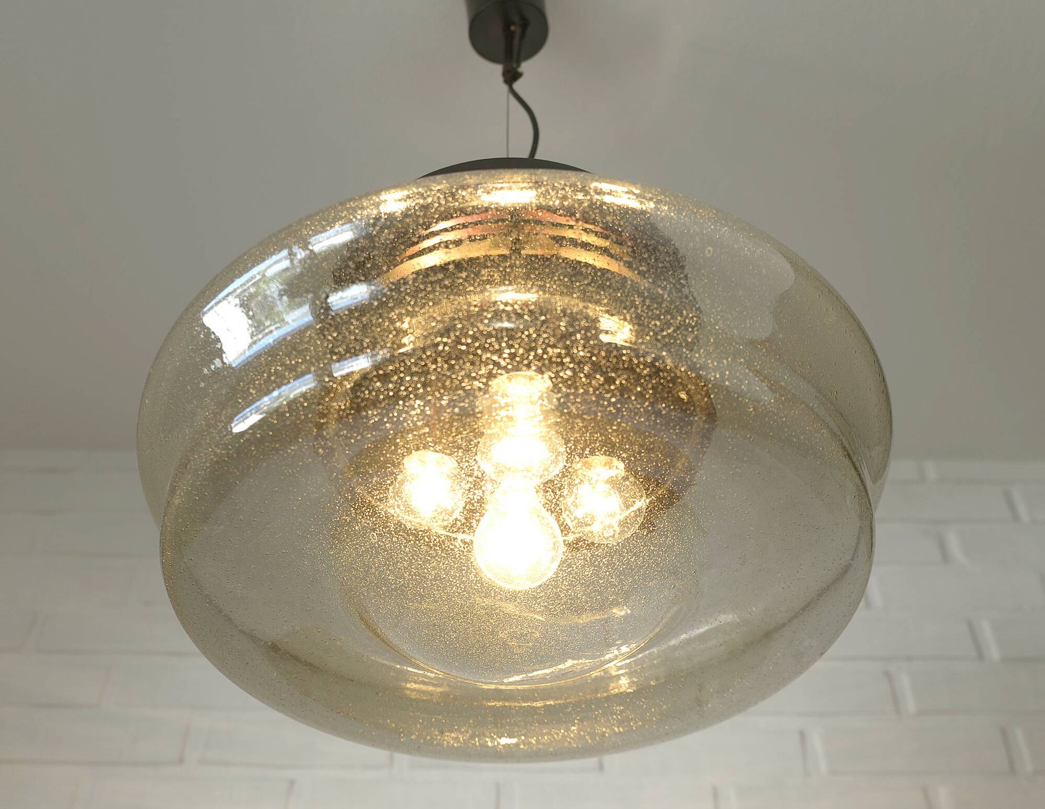 Vintage Brutalist Light X Large Glass Pendant Lamp Mid Century Modern 1980