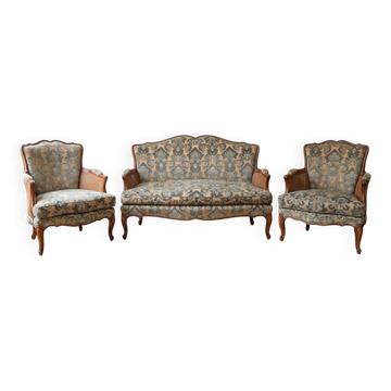 Louis XV style living room set with a sofa and 2 armchairs in cherry wood and fabric.