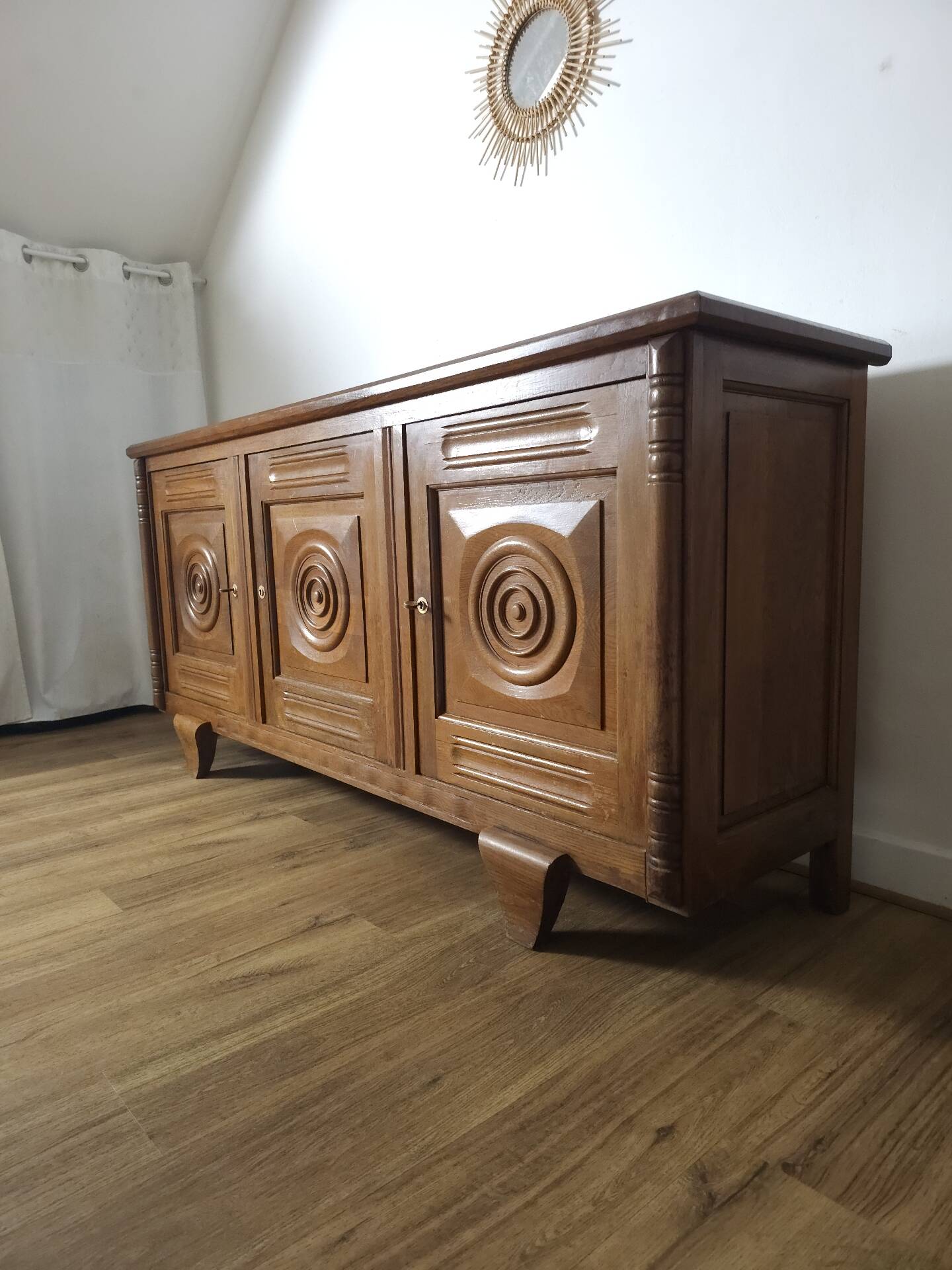Solid oak sideboard, brutalist and Art Deco work, mid-century.