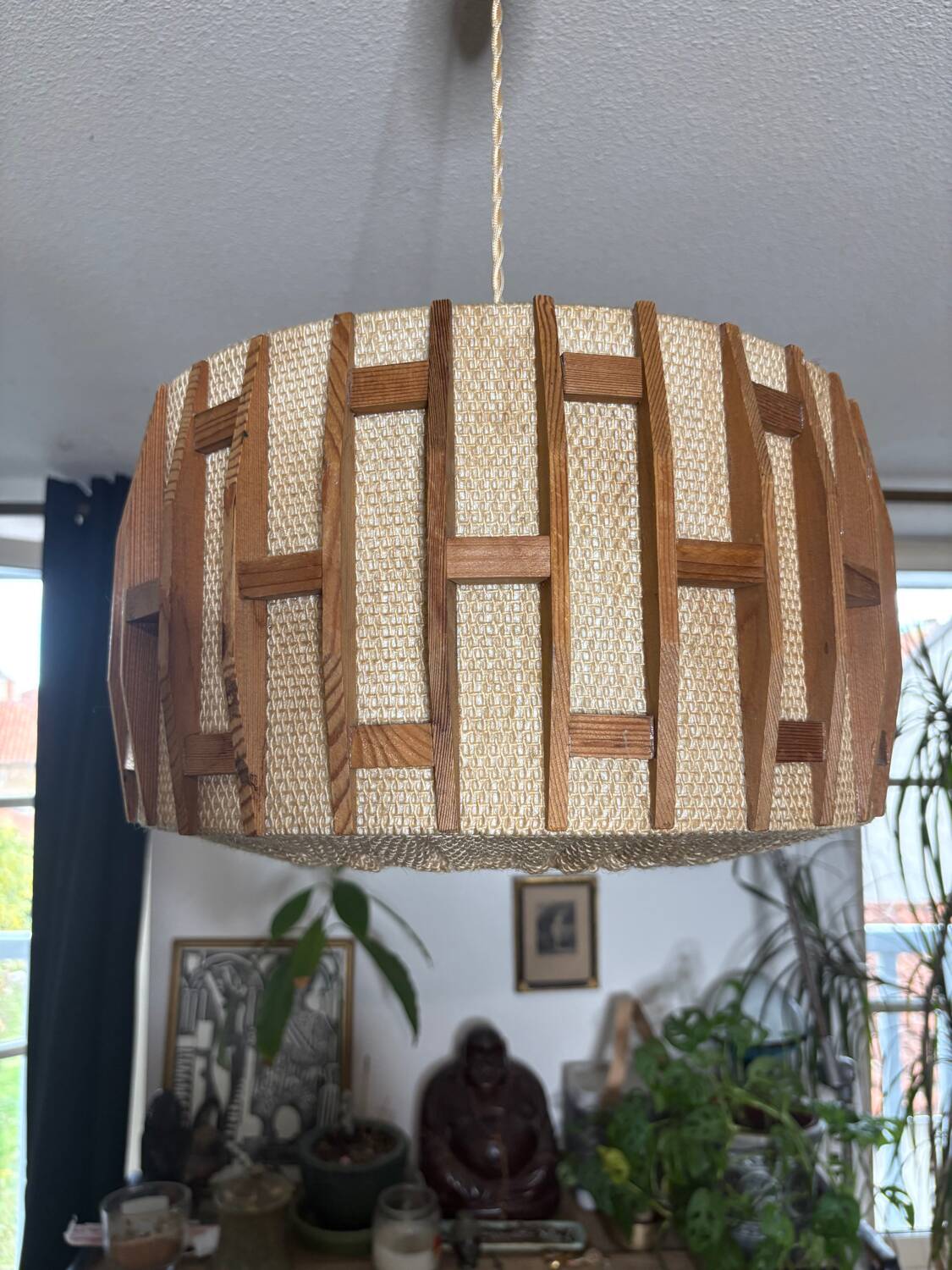 Scandinavian pendant light from the 1960s, made of wood and fabric