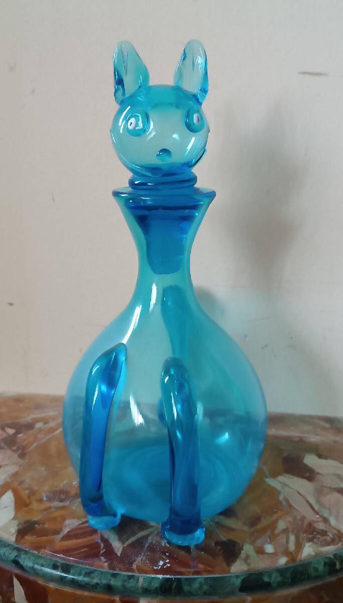 Vintage glass carafe from the 1960s, Empoli glassware, in the shape of a cat.