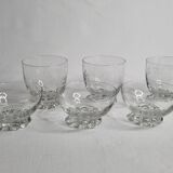 Set of Art Deco style engraved crystal bowls and glasses on spherical feet
