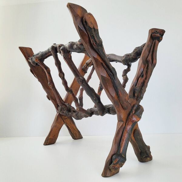 Porte-revues vintage brutaliste 1970 bois & sarment de vigne 70s 1970s anne