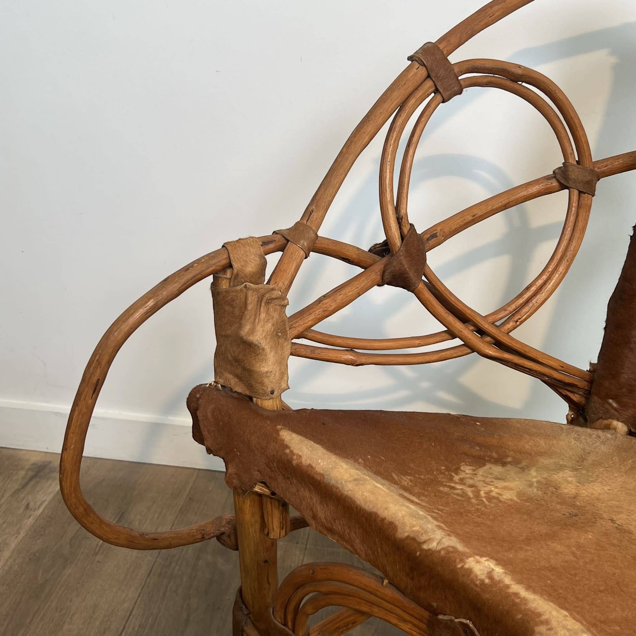 Organic Modernist Armchair in Rattan and Cowhide, Italian Work, A