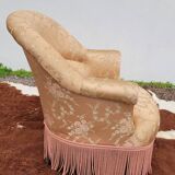 Fauteuil crapaud fleuri à franges ancien - 1930s